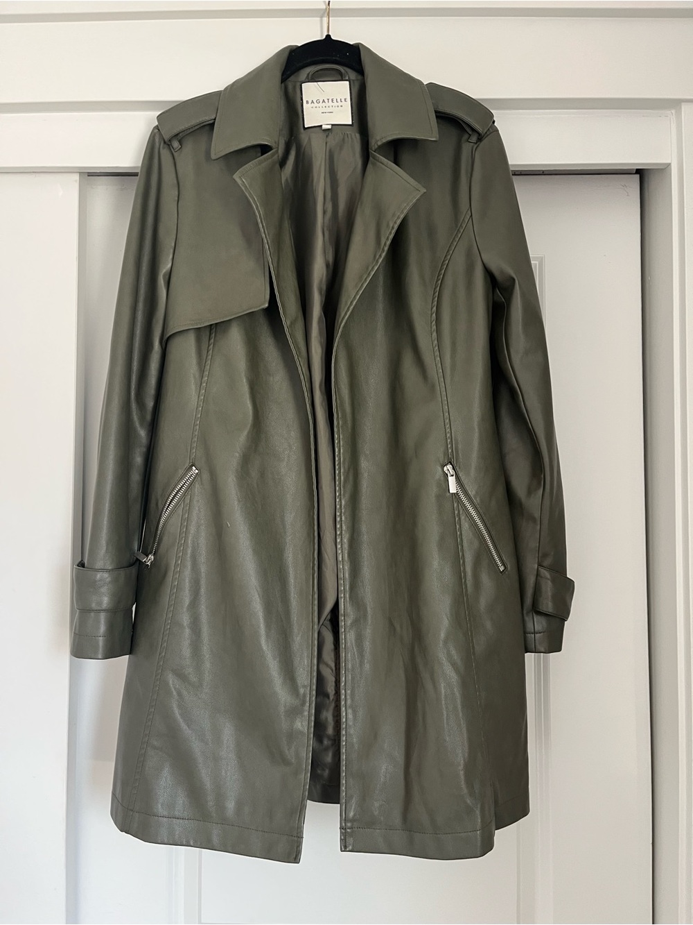 bagatelle Olive Leather Trench Coat with Zip Pockets